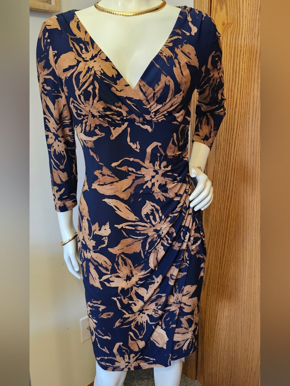 Navy and Tan Floral Midi Dress